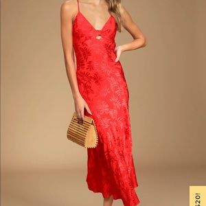 Lulus Vacation Views Red Jacquard Twist-Front Midi Dress